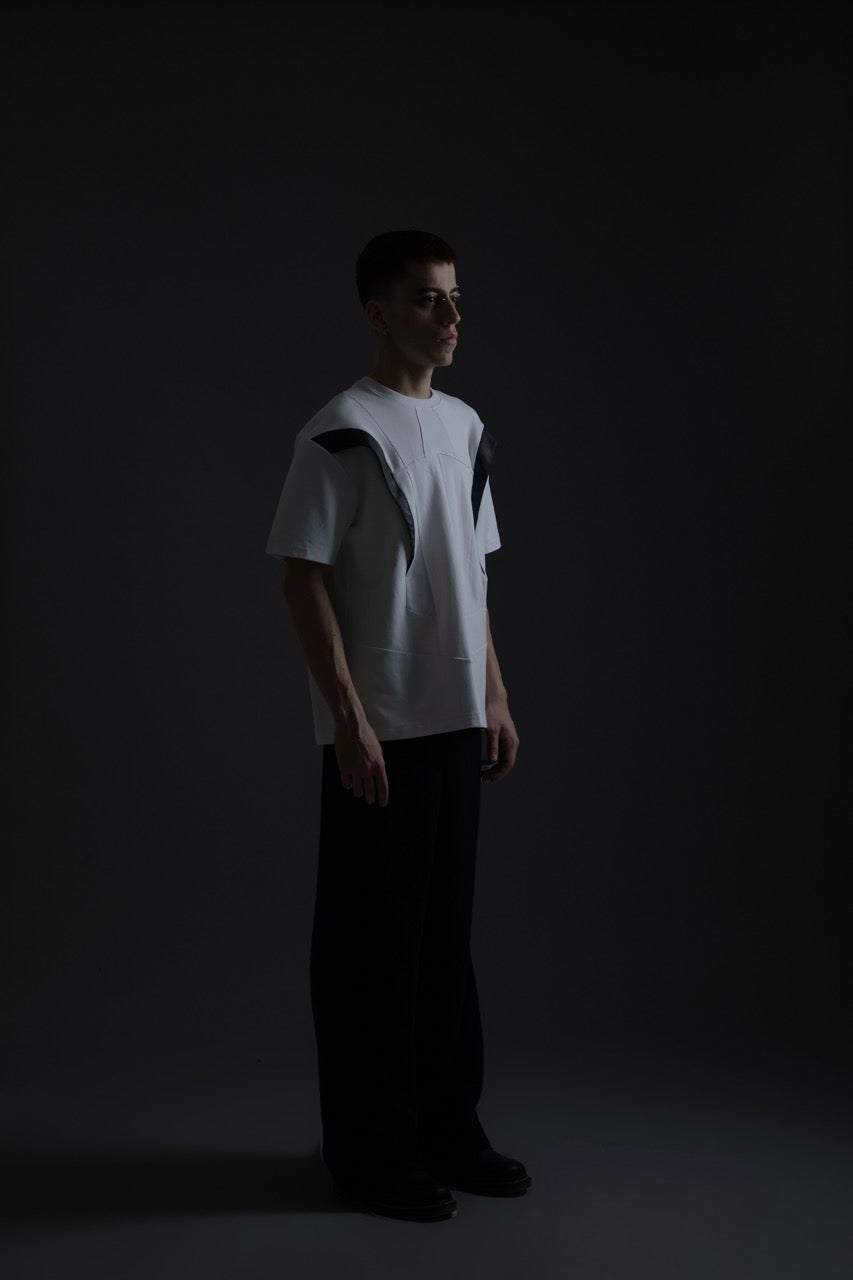 WHITE PANELLED TEE WITH LEATHER ACCENTS