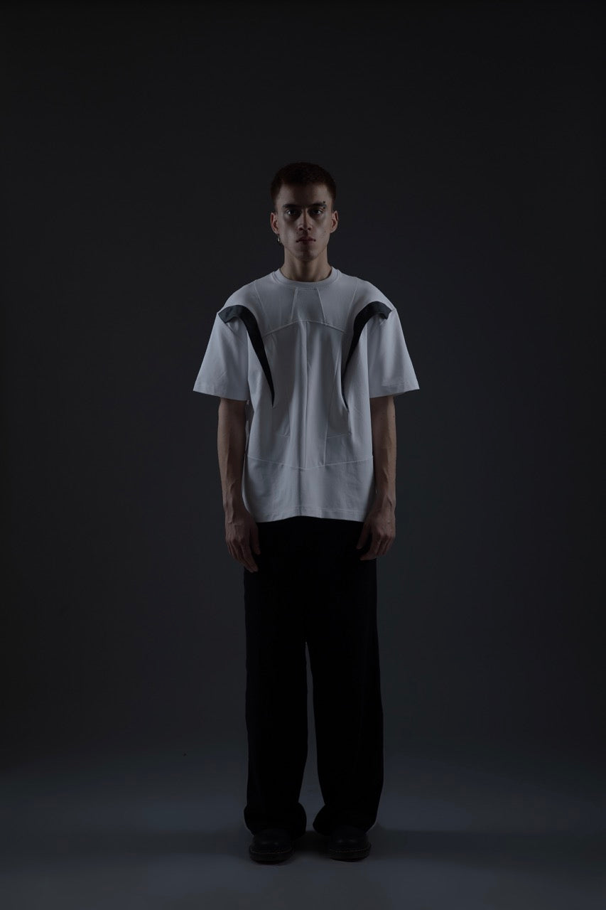 WHITE PANELLED TEE WITH LEATHER ACCENTS