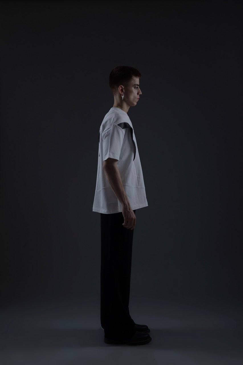 WHITE PANELLED TEE WITH LEATHER ACCENTS