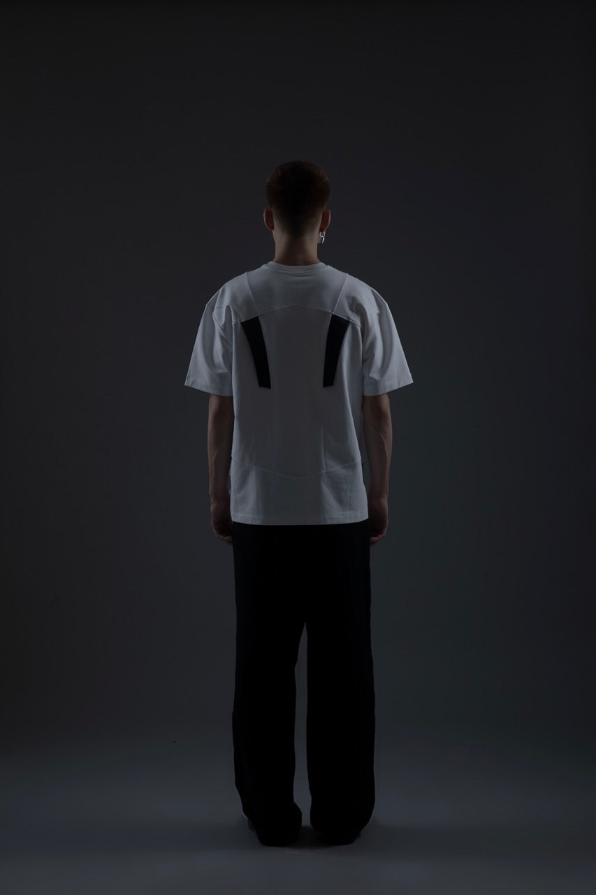 WHITE PANELLED TEE WITH LEATHER ACCENTS