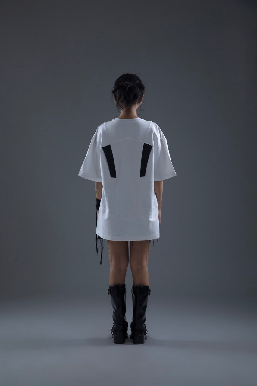 WHITE PANELLED TEE WITH LEATHER ACCENTS